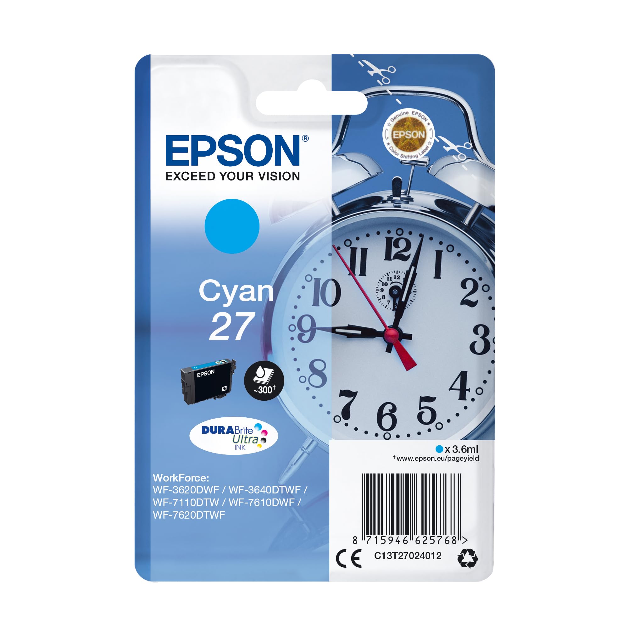 Epson 27 Cyan Alarm Clock Genuine, DuraBrite Ultra Ink Cartridge, Standard Capacity