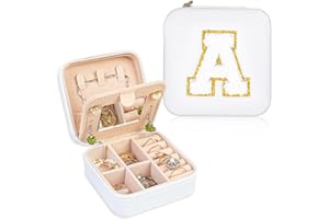 FUNARTY Travel Jewelry Box, Jewelry Organizer for Necklace, Earring Organizer Box with Mirror, White Travel Essentials (Initial A)