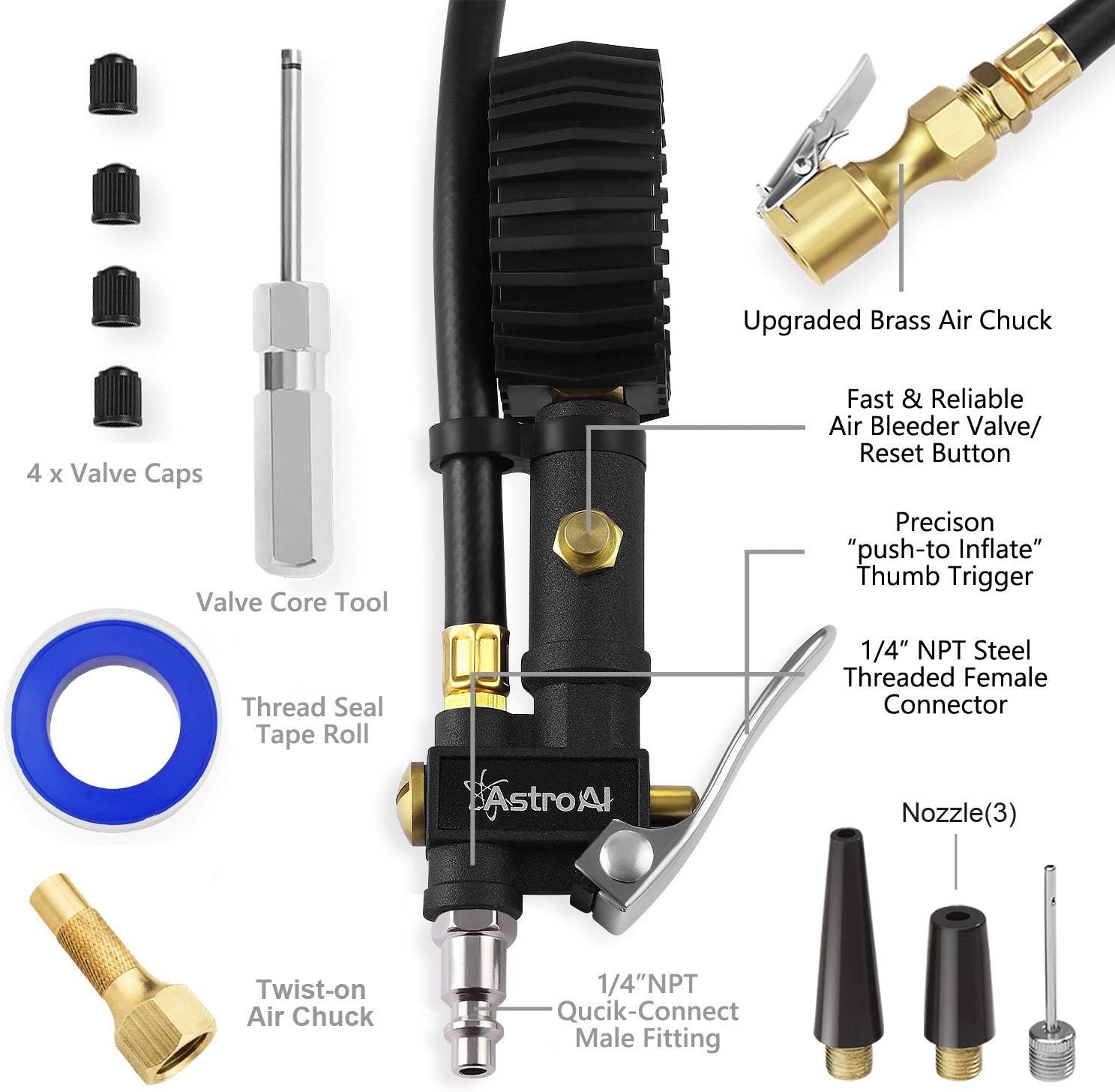 AstroAI ATG250 Digital Tire Inflator with Pressure Gauge, 250 PSI Air Chuck and Compressor Accessories Heavy Duty with Rubber Hose and Quick Connect Coupler for 0.1 Display Resolution: Automotive