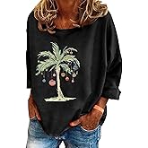Christmas Palm Tree Shirt Pullover for Women Funny Merry Christmas Xmas Holiday Hawaiian Beach Long Sleeve Shirt Top