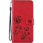 TUWZID iPhone 14 Pro Case with Card Holder and Kickstand, Floral-Red Faux Leather Wallet Flip Case for Women, 6.1 Inch