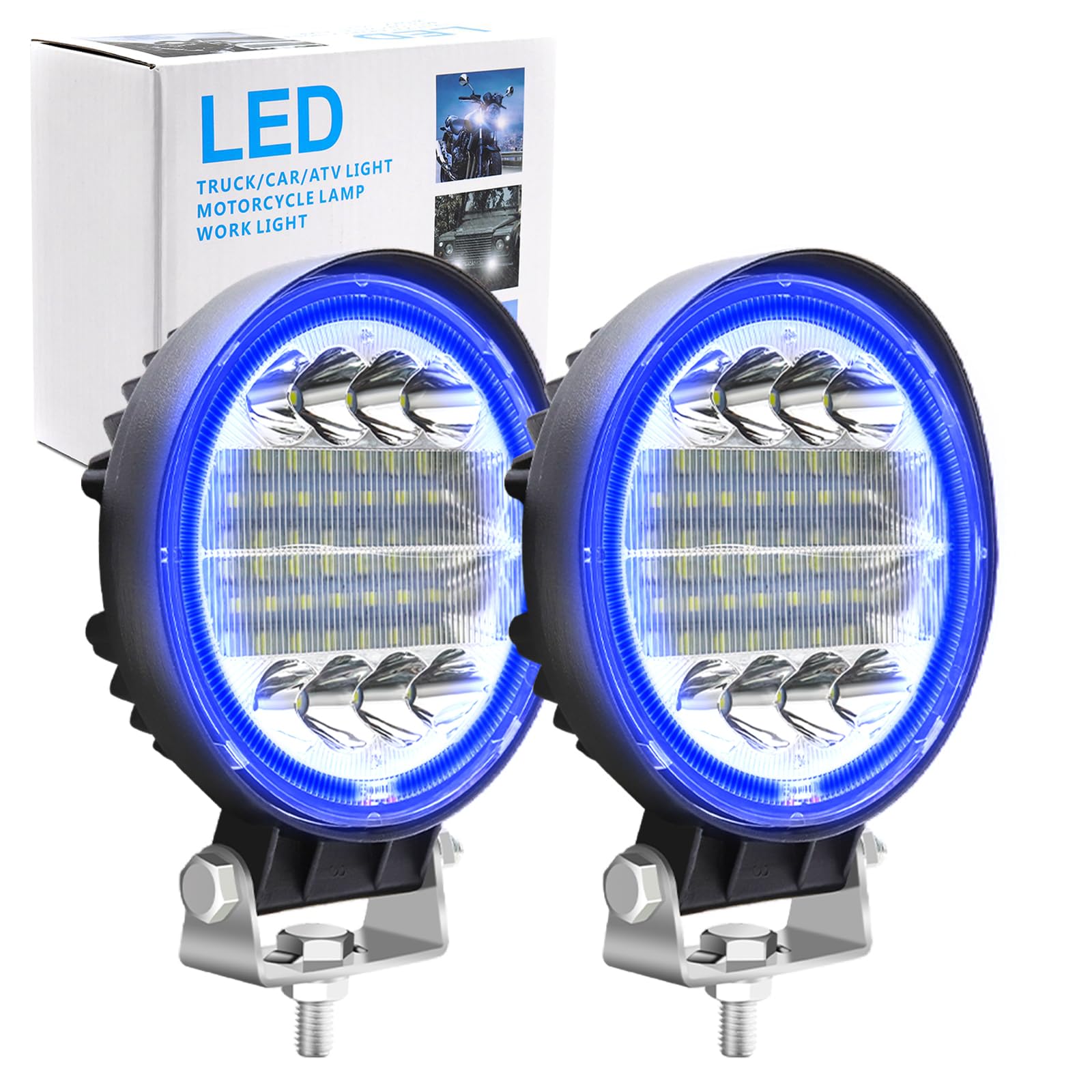 Biqing 2Pcs Round LED Work Light,4.5" Halo Ring Headlight Blue LED Light Pods Spot Flood Combo Lights Off Road Driving Fog Lights 12V 24V 9600 LM LEDs Auxiliary Lights for Motorcycle SUV Boat Truck