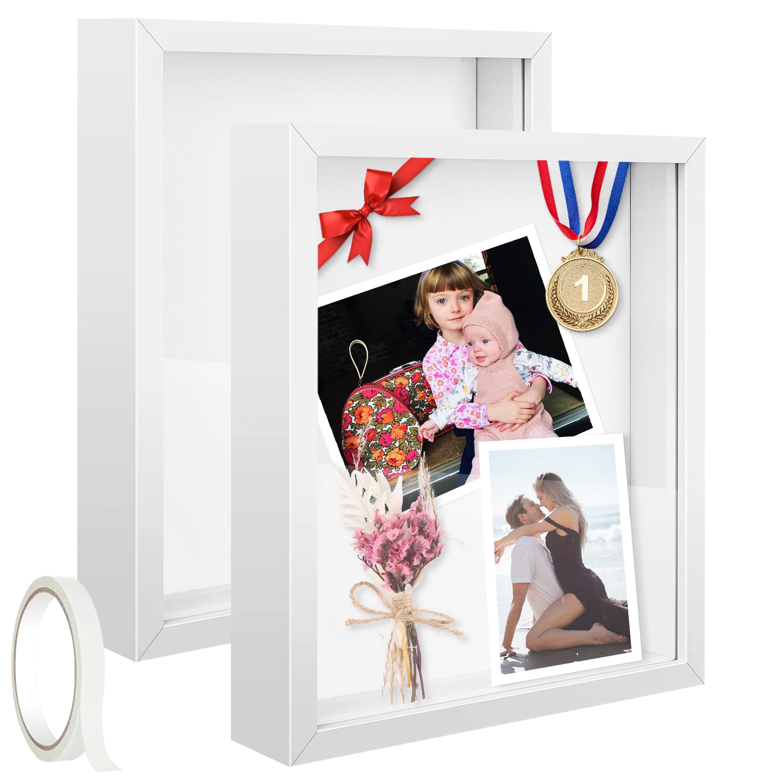 Photo 1 of 2 Pack 11 x 14in Shadow Box Frame Shadow Boxes Display Cases 3D Picture Frame Shadow Boxes Display Cases with Adhesive Tape for Baby Items Wedding Memories Awards Medals Tickets and Photos(White)