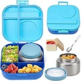 BOSEDSANG Bento Lunch Box for Kids with 12oz Soup Thermo,4 Compartments Lunch Box Containers Kids, Spoon&Sauce Jar, BPA Free&Leak proof,Insulated Food Jar for Travel((Blue)