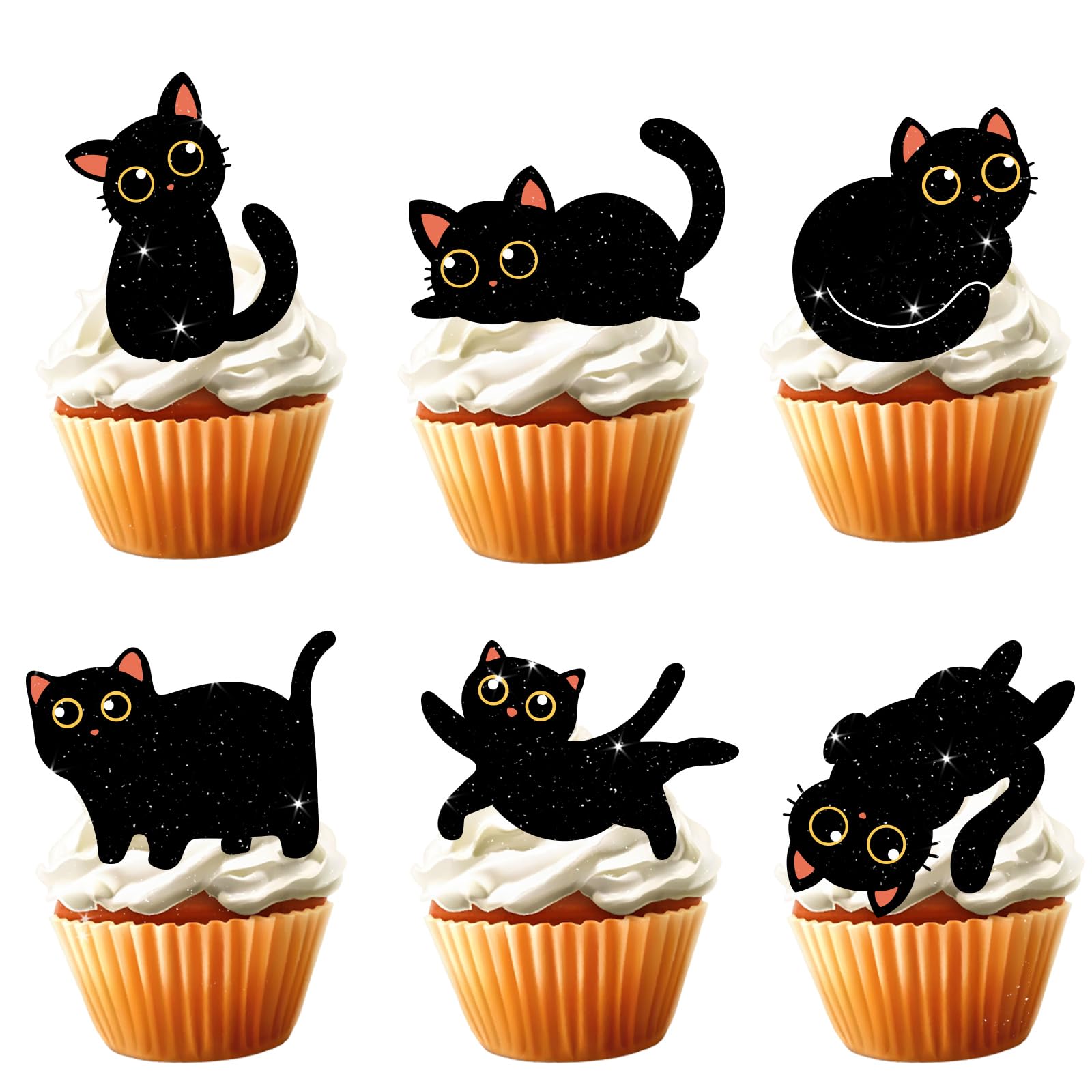 Photo 1 of 18pcs Cute Black Cat Cupcake Toppers for Boys Girls Pet Baby Shower Kitten Meow Party Supplies Favor Glitter Black Cat Themed Birthday Party Decorations