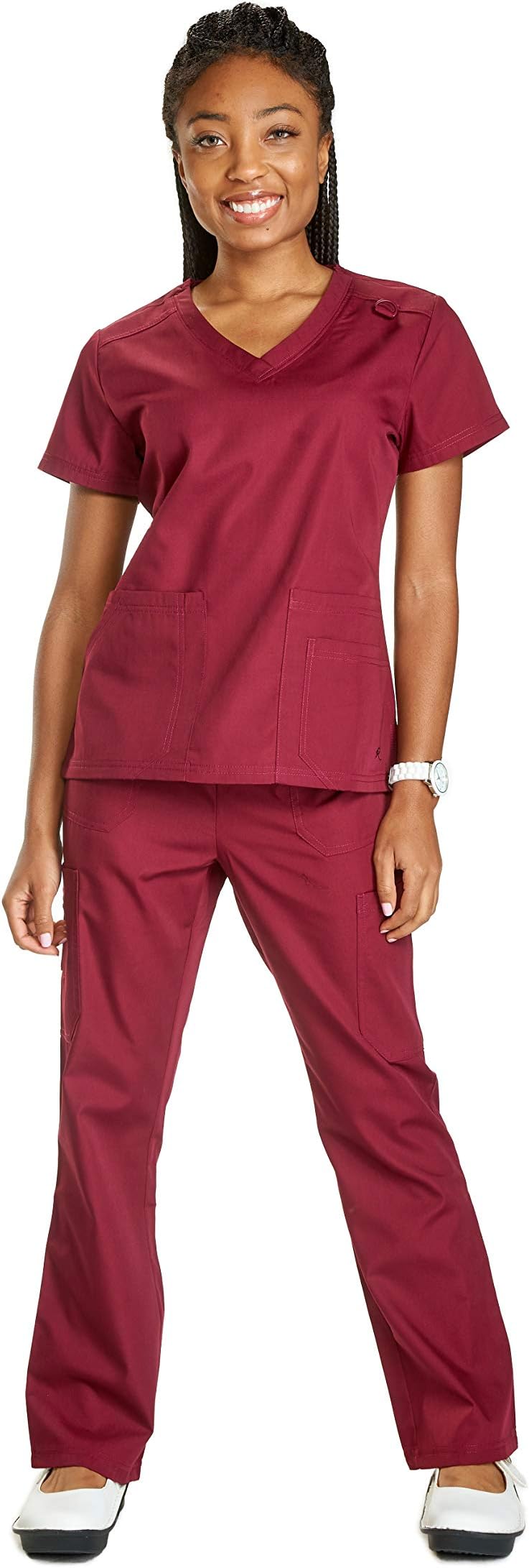 Reina Scrubs 1601 V-NECK TOP FRONT SHOULDER YOKE (S Regular, Wine)