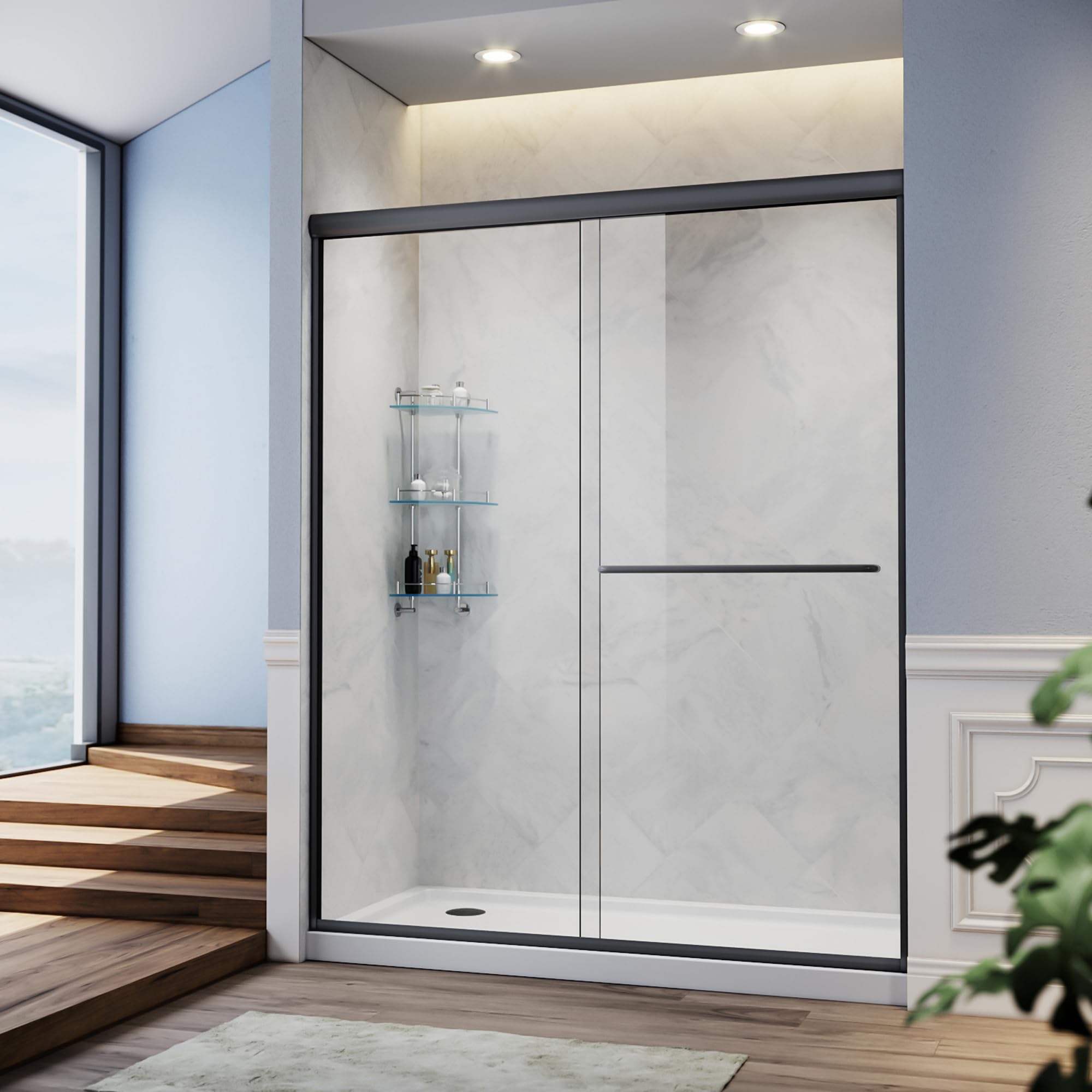 Photo 1 of (glass doors/ missing installation parts) SUNNY SHOWER 58.5-60 in.W x 72 in.H Glass Shower Door, Semi Frameless Double Sliding Shower Door, 1/4" Clear Glass, Black Finish