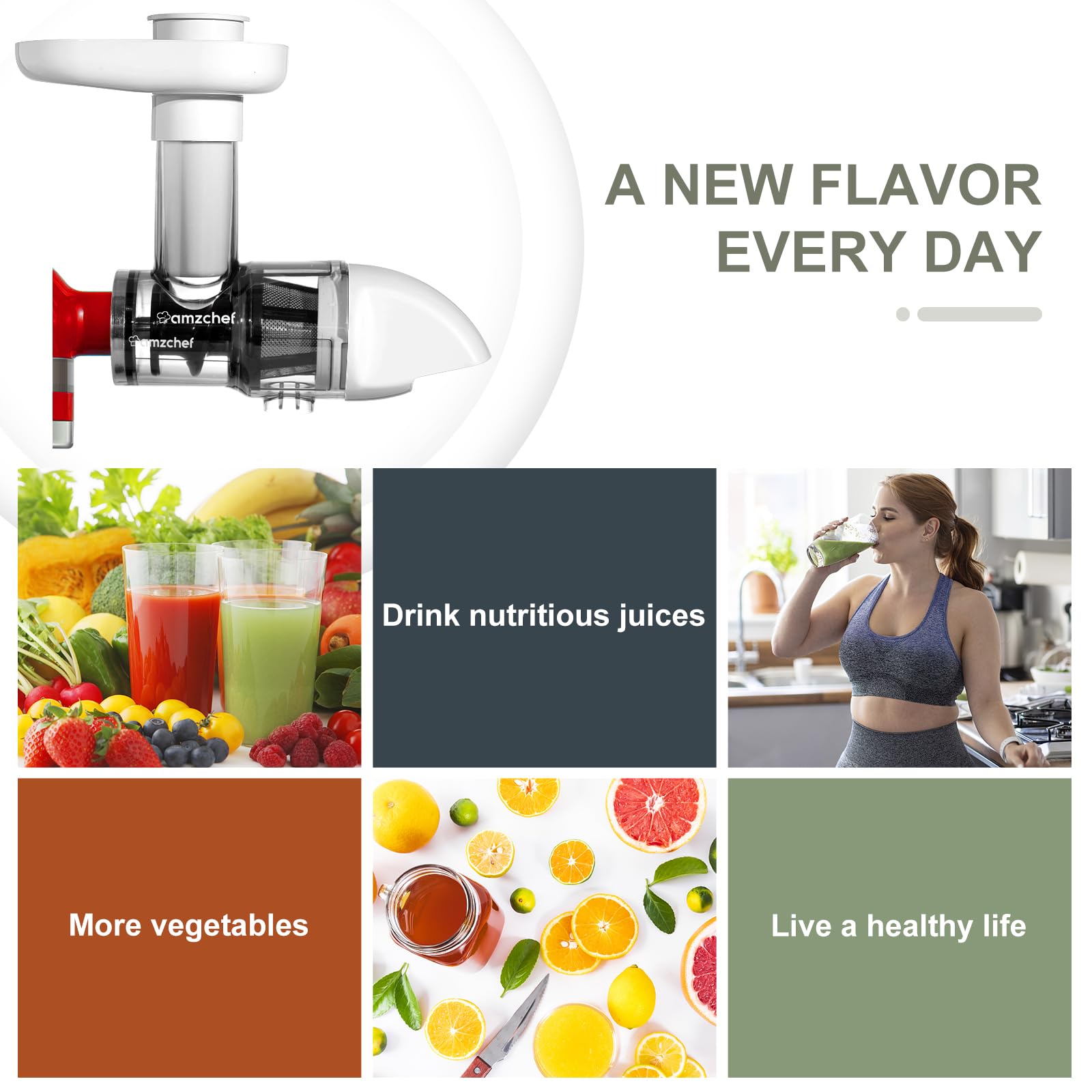 Masticating Juicer Attachment for KitchenAid All Models Stand Mixers, AMZCHEF Masticating Juicer, Slow Juicers Attachment for All Kitchen Aid Mixers, Cold Press Juicers Parts (Ivoy White)