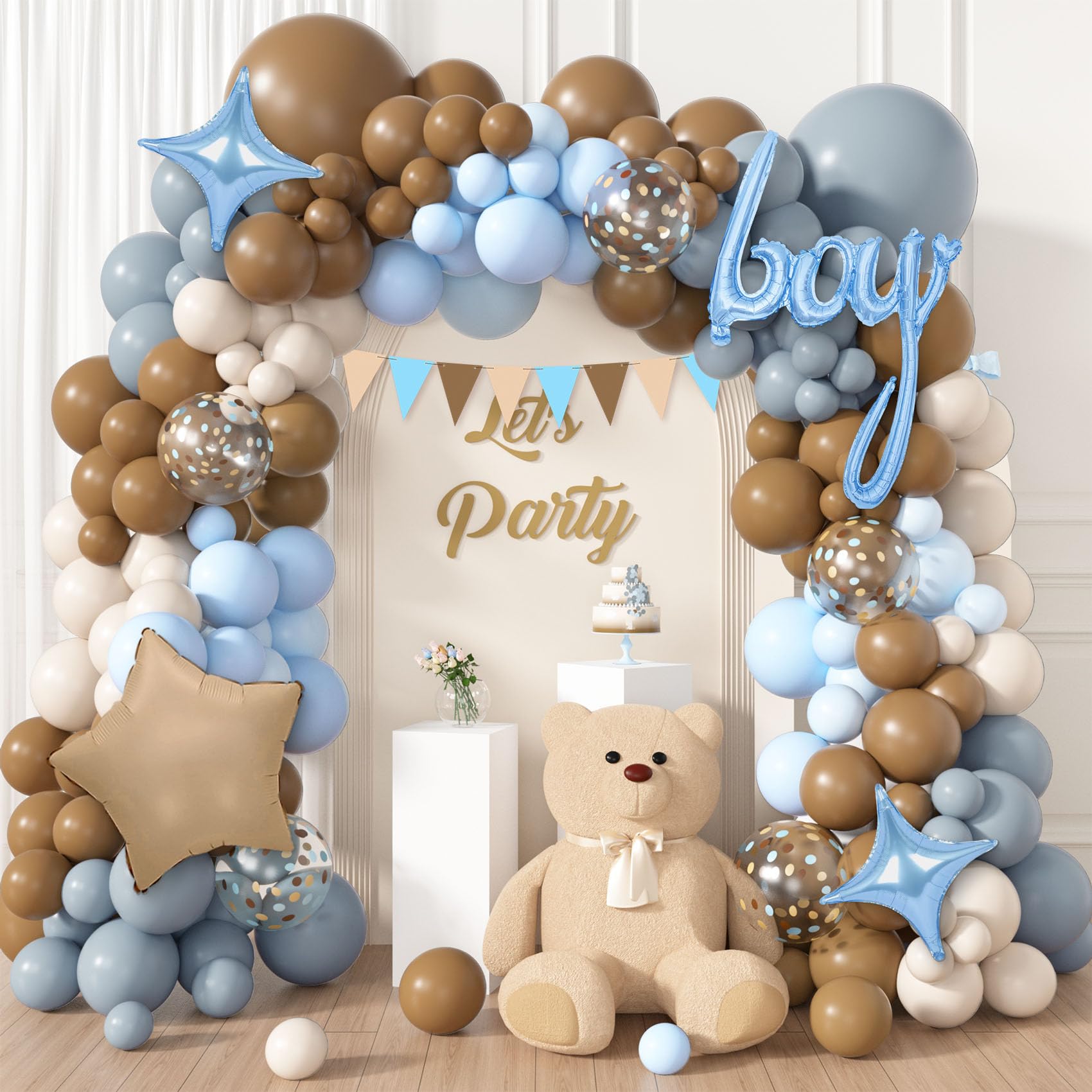 Photo 1 of **PARTIAL SET**Ouddy Life 157Pcs Dusty Blue and Brown Balloons Arch Kit, Ted Bear Baby Shower Decorations, Pastel Sand White Star Foil Balloon for Boy Baby Shower Gender Reveal Birthday Party Decoration