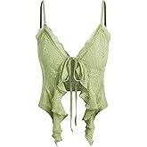 CIDER Going Out Tops for Women Y2K Tie Front Asymmetrical Ruffle Hem Lace Spaghetti Strap Cowgirl Crop Tops