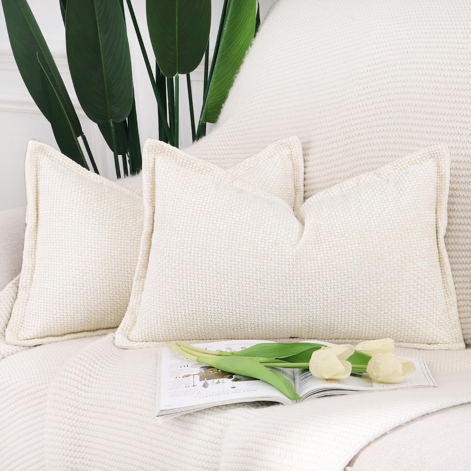 Madizz Set of 2 Chenille Velvet Cushion Covers with Flange Soft Boho Textured Throw Pillow Covers Broadside Pillowcases Modern Farmhouse Home Decor for Sofa Bedroom Cream 12x20 inch, 30x50 cm