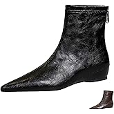 WYUETRA Women's Leather Stitching Details Invisible Wedge Ankle Booties Retro Handmade Pointed Toe Invisible Height Increasing Back Zippers Flat Dress Short Boots for Work Walking