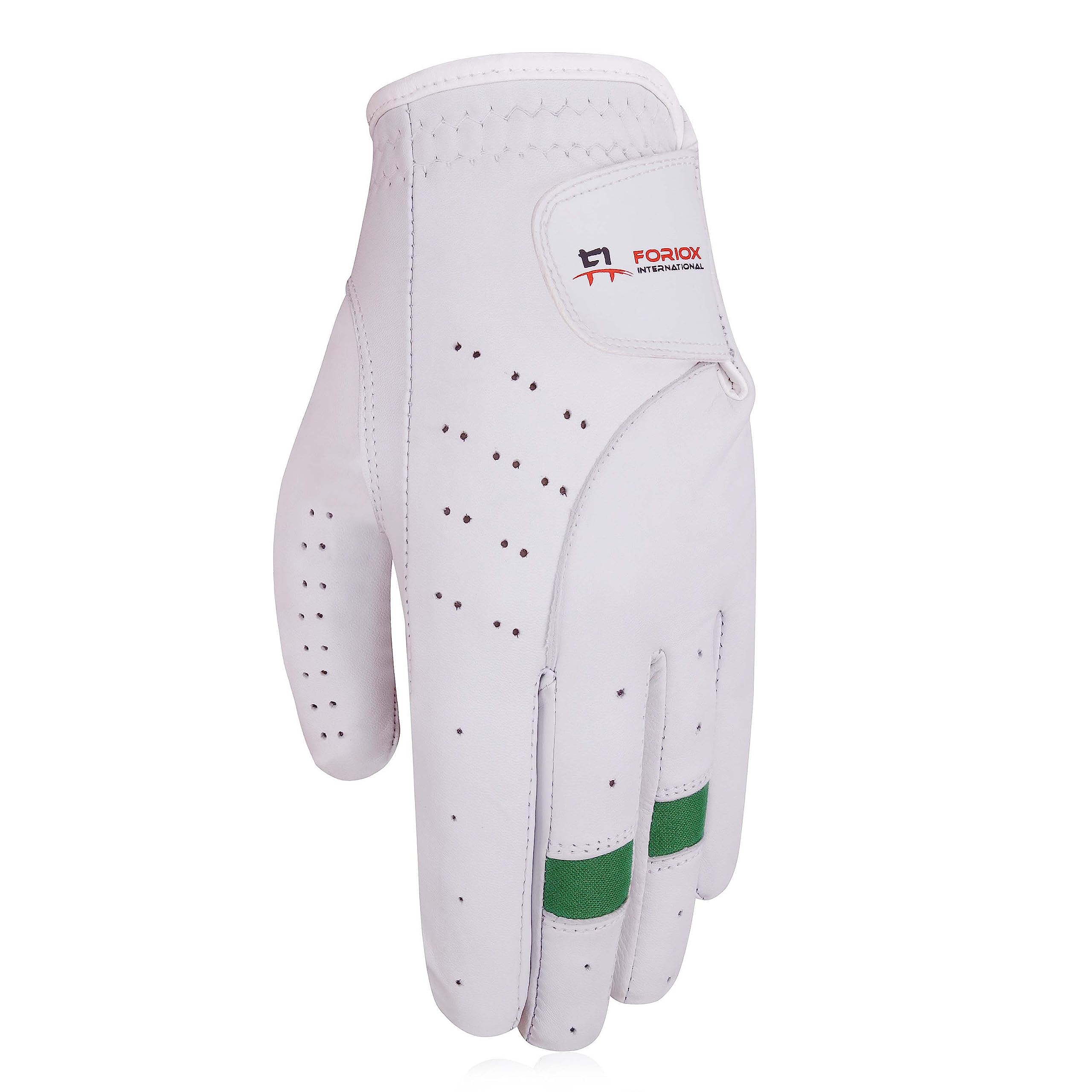 Foriox International All Weather Golf Gloves for Men Right & Left handed for Golfer Comfortable Fits Great & Non-Slip Leather Flexible Golfing (White & Green, S, Right)