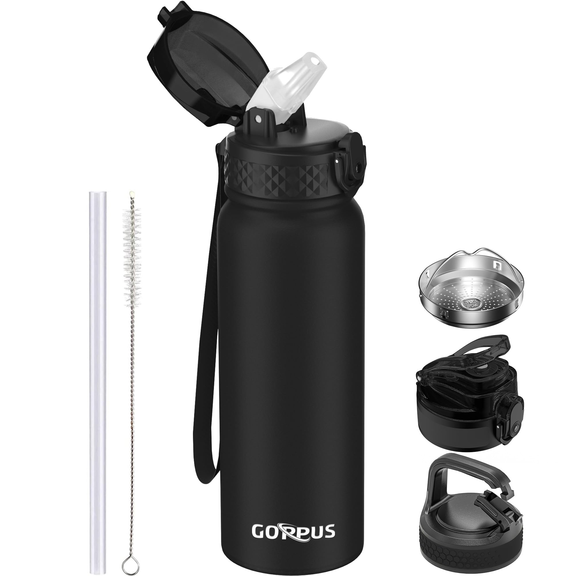 GOPPUS 600ml/20oz Stainless Water Bottle with Straw Double Wall Insulated Bottles with Strap One Hand Open Vacuum Thermal Flask Leakproof Keep Cold Bottles with Flip Top Lid BPA Free (Black)