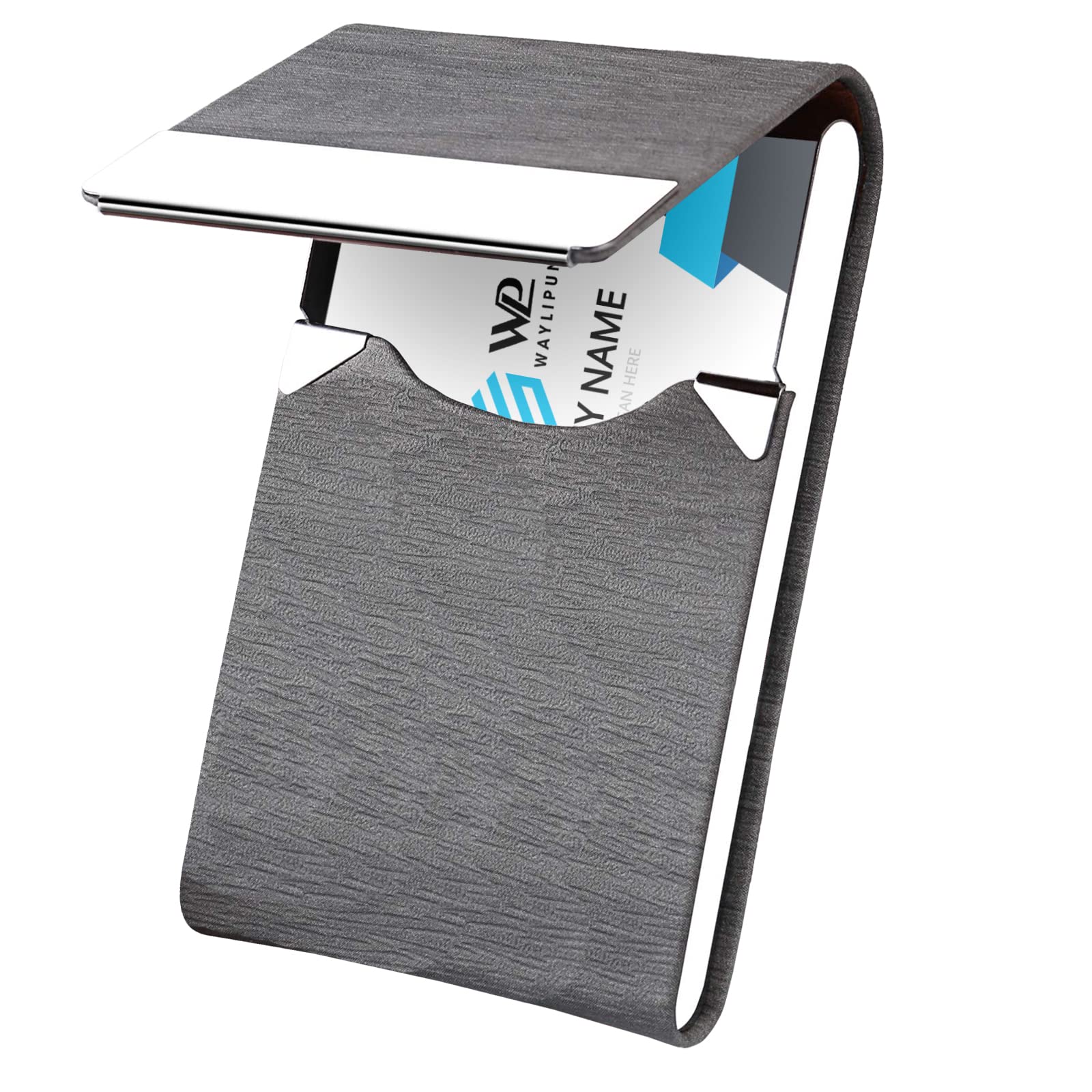Waylipun Business Card Holders, Professional PU Leather Business Card Case, Keep Business Cards in Immaculate Condition, Slim Metal Pocket Card Holder with Magnetic Shut (Grey)