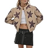 Gacaky Women's Lightweight Floral Embroidered Cropped Quilted Jacket Winter Warm Button Down Puffer Jacket Coat with Pockets