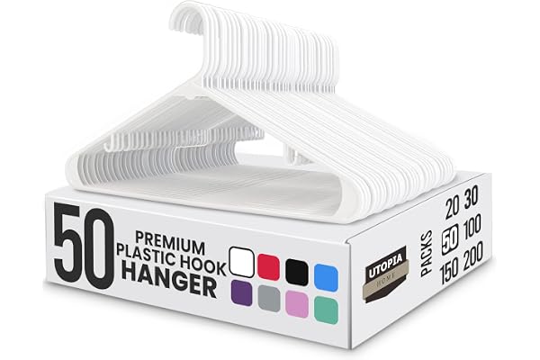 Utopia Home Plastic Hanger, 50 Pack, White Clothes Hangers with Hooks, Durable Heavy Duty Coat Hangers for Shirts, Pants, Ski