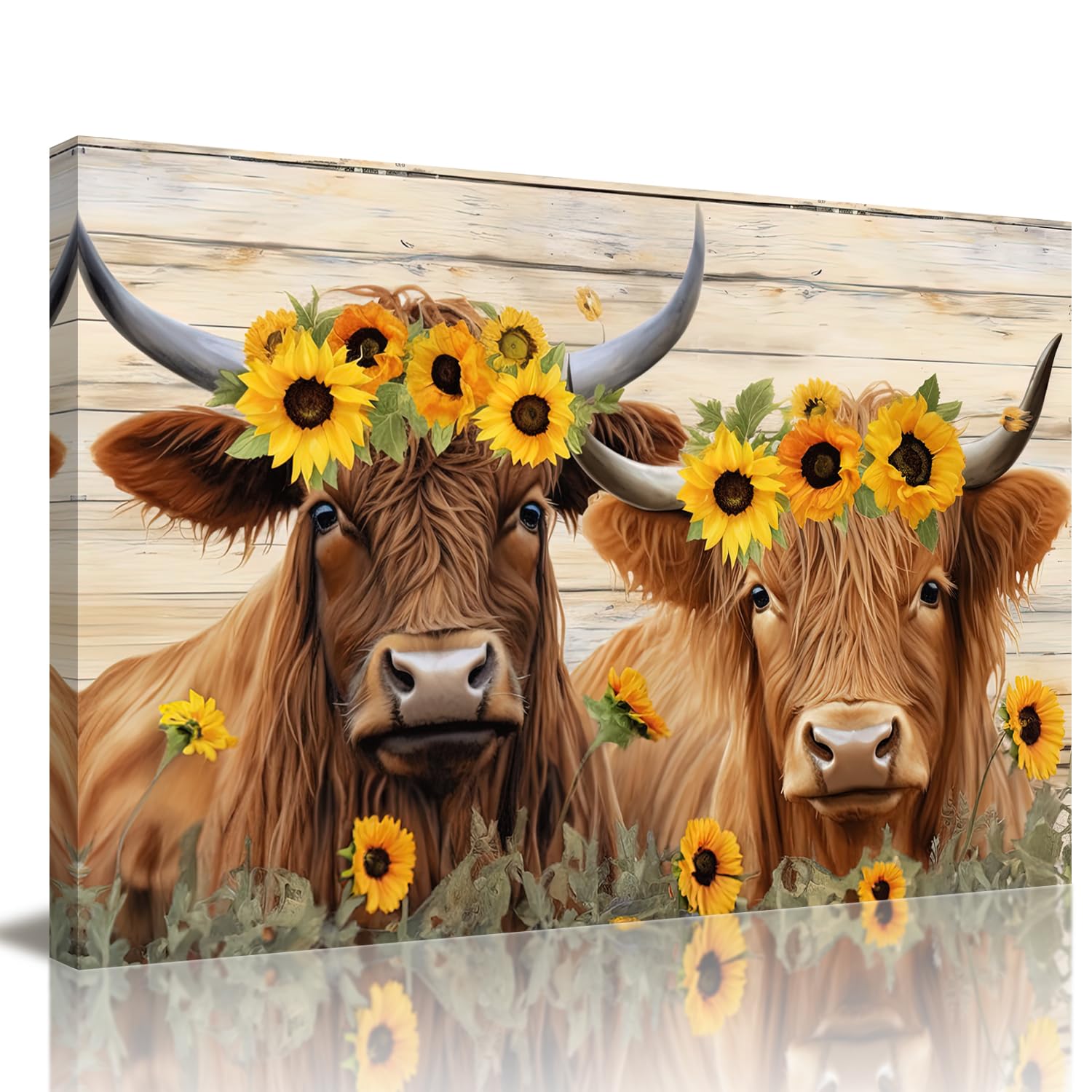 GLOKAKA Rustic Cow Canvas Wall Art Farmhouse Wall Decor Print Picture Animal Cow with Sunflower on Wood Panel Poster for Kitchen Home Living Room Decoration