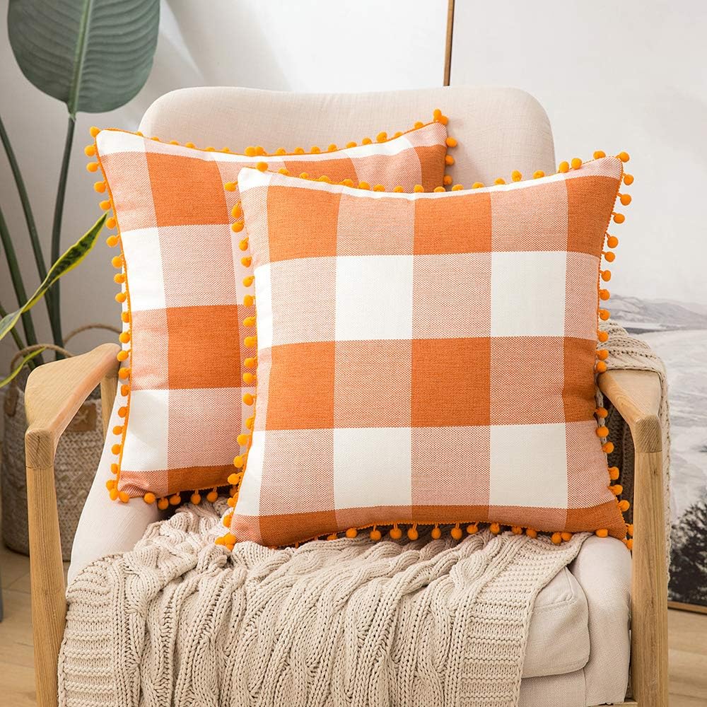 Decorative Pillows, Inserts & Covers - MIULEE Set of 2 Fall Throw Pillow Covers Buffalo Plaid Check Pillow Covers with Pom-poms Decorative Couch Throw Pillows Farmhouse Cushion Cases for Sofa Couch 18x18 Inch Orange and White