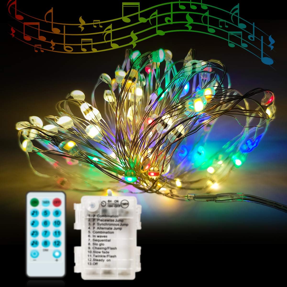 Lumary Music Sync 100 LED 33ft String Light, Battery Powered Dimmable Fairy Lights with Timer and Remote Control, Waterproof Decorative Lights for Bedroom, Patio, Garden, Parties, Wedding, Christmas