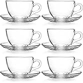 Tosnail 6 Pack 7-Ounce Glass Tea Cups and Saucers Sets Glass Coffee Mugs