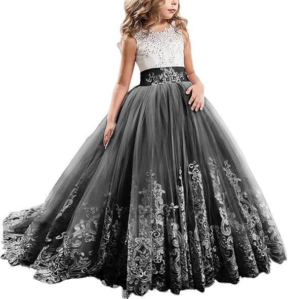 Owlfay Girls Pageant Long Lace Flower Dress Kids Prom Puffy Tulle