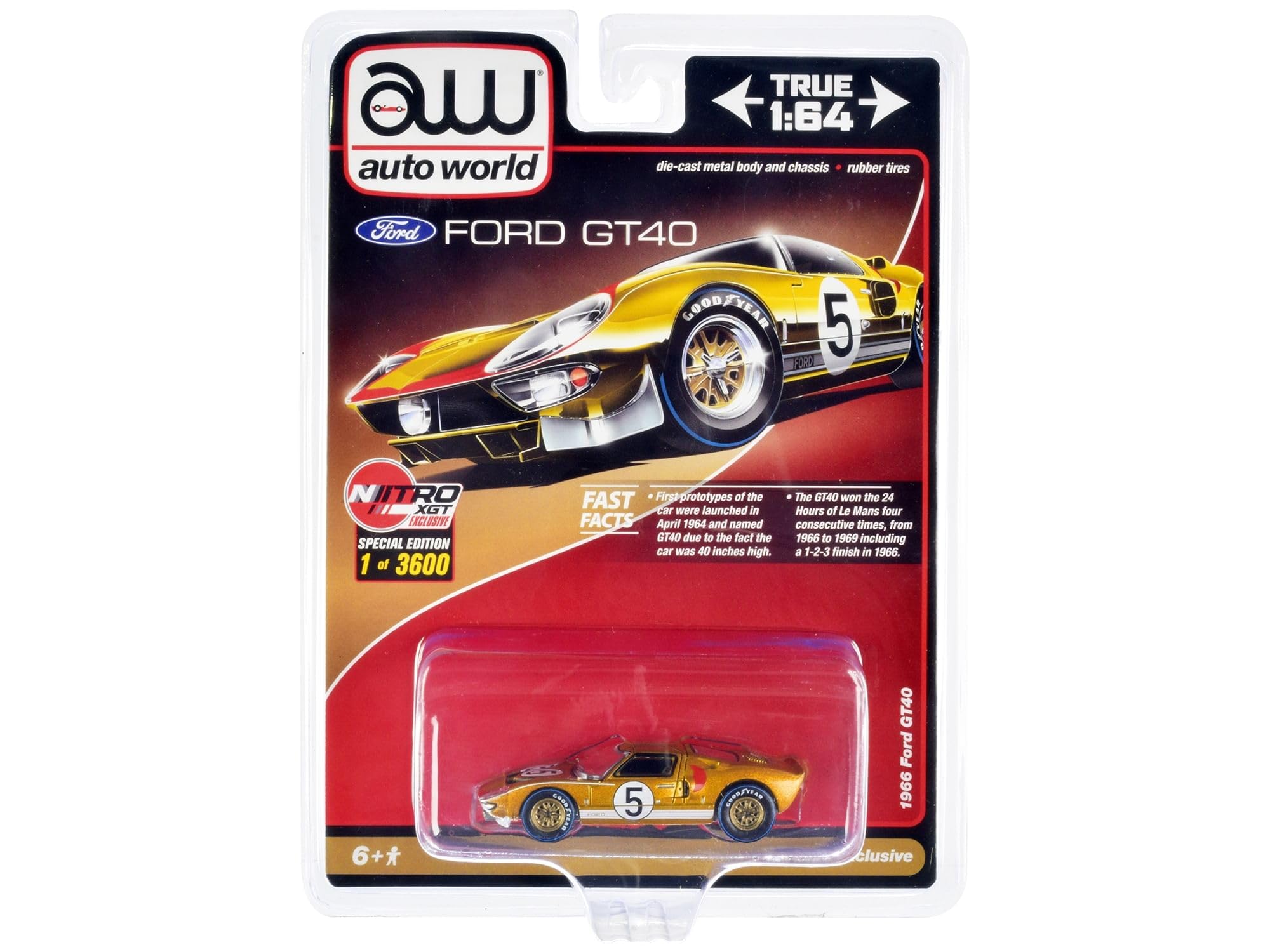 1966 Ford GT40#5 Gold Limited Edition to 3600 Pieces Worldwide 1/64 Diecast Model Car by Auto World CP7923