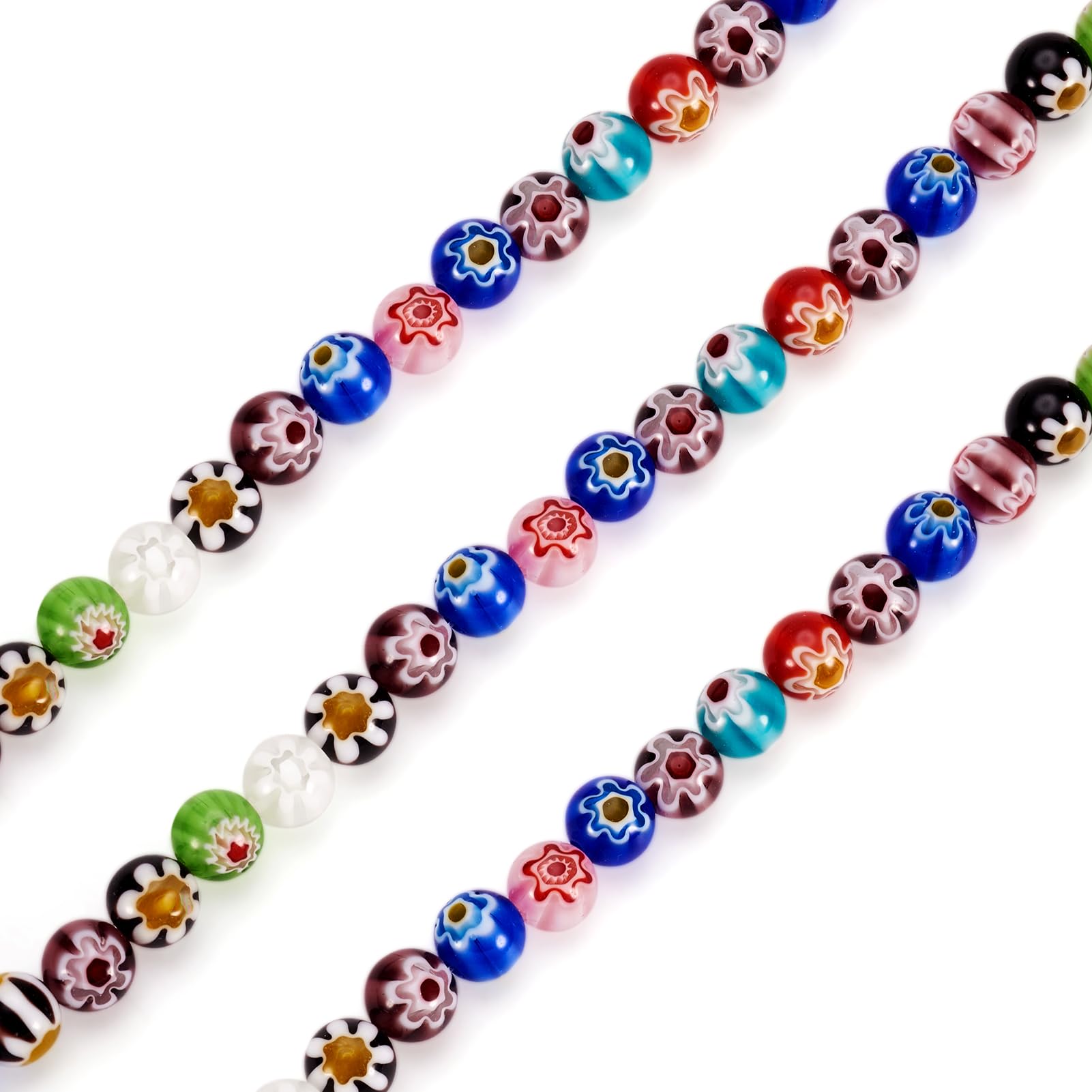 PandaHall 5 Strands Handmade Millefiori Glass Round Bead Strands 8mm Lampwork Glass Beads with Single Flower for DIY Jewelry Making, Random Mixed Color