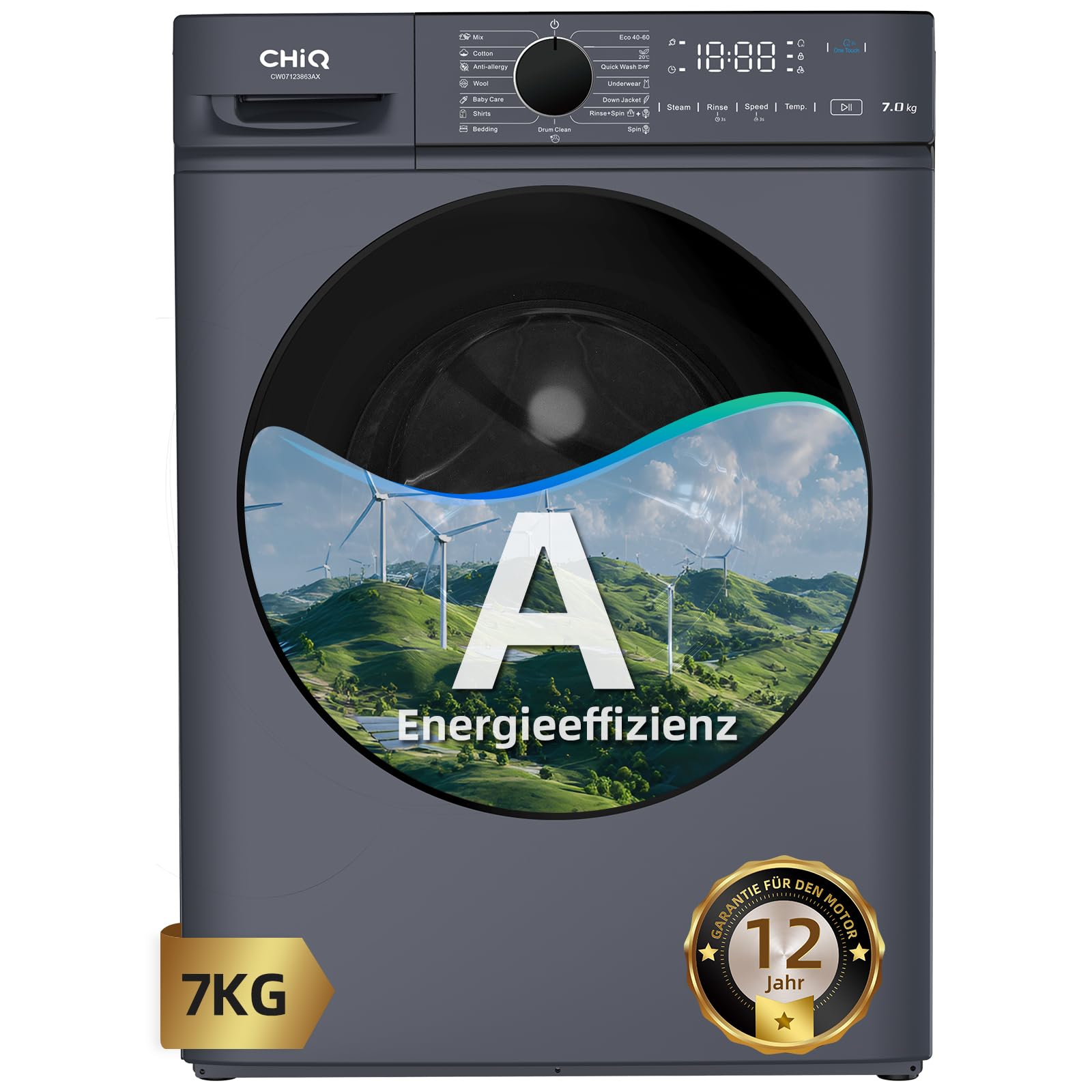CHiQ Waschmaschine 7kg, InverterMotor, EEK A| 60x46,5x84cm, Große Tür| Eco, Speed Wash, Auto Clean, Kindersicherung|1200 U/Min, Washer Grau, CW07123863AX