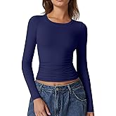 QINSEN Womens Crewneck Long Sleeve Shirt Double Lined Basic Tees Side Ruched Going Out Crop Tops