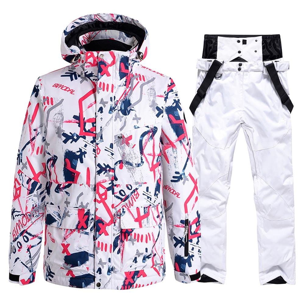 Photo 1 of WOWULOVELY Men's Winter Snowsuit Waterproof Windproof Mountain Jacket and Pant Sets Insulated Snowboarding Skisuit (HBW,White L)