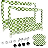 Green Checkered License Plate Frames 2 Pack 2 Holes Aluminum License Plate Cover with 2 Pcs Car Coasters and Screw and Black Screw Caps for Girl Women Men Gifts