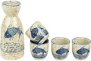 Ceramic Sake Set, 5pcs Japanese Saki Set with 1 Sake Carafe 4 Sake Cups, Saki Cup Set as Gift for Sake Japanese Wine/Hanzo Sa