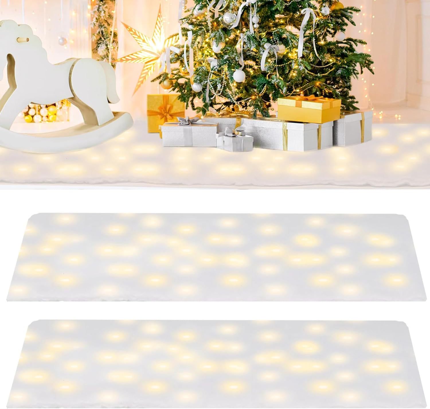 Artificial Snow - GEKMOR Artificial Snow Blanket, Christmas Snow Blankets, Faux Snow Blanket Roll, Winter Christmas Decor for Winter Table Setting Christmas Tree Decor Home Decor Party Favors (with Warm White Lamp)