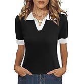 LOMON Womens Puff Short Sleeve Polo Sweater V Neck Knitted Tops Casual Ribbed Shirt Pullover Blouse
