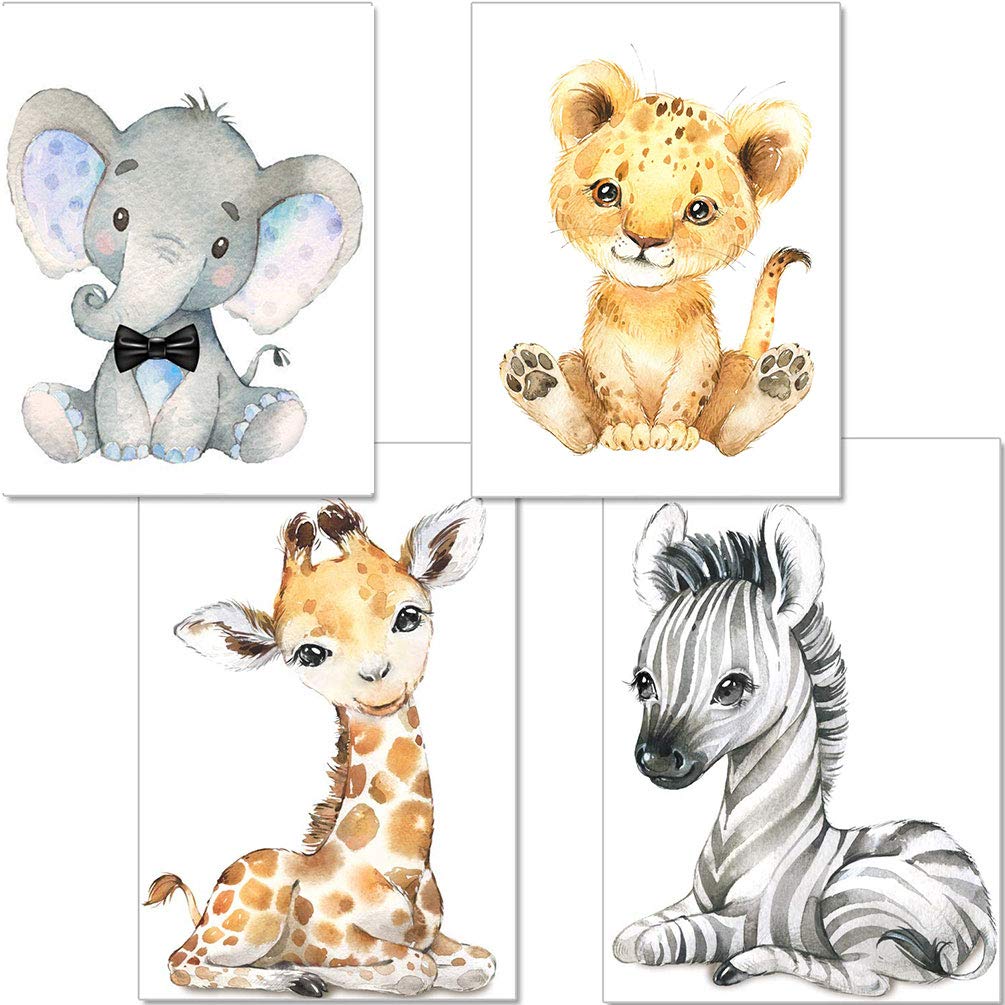 YOULIKE Baby Room Decoration Cartoon Animals Pictures - 4 Pack Theme Nursery Wall Art Decals for Boys Girls Kids Children's Bedroom - Without Frame