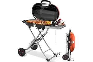 Havato RoadTrip Portable Propane Gas Grill,15,000 BTU BBQ Grill with Top Cover Lid,Folding Legs & 2 Wheels, 406 sq.in. Grilling Areas, Built-in Thermometer, Barbecue Gas Grill for Patio,Party,Orange