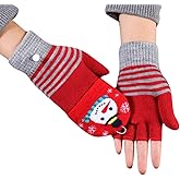 Suillty Kids Winter Gloves Warm Mittens Flip Half & Full Finger Christmas Convertible Mittens with Thumb Flap for Boys Girls