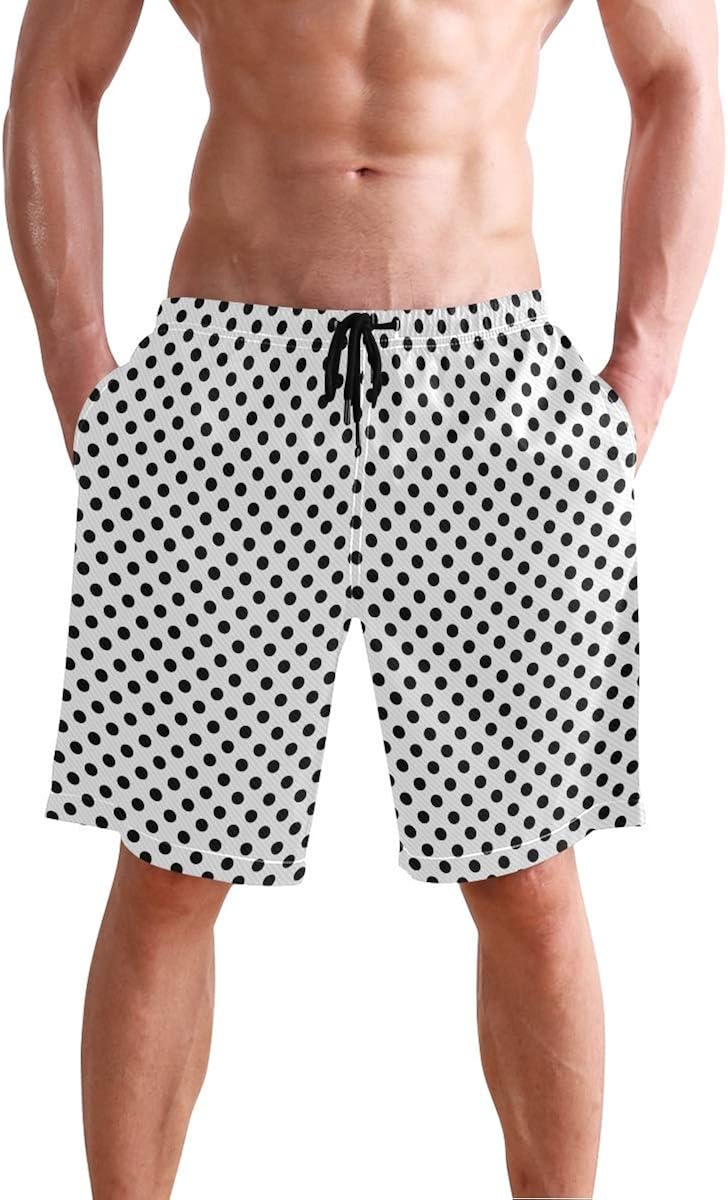 QUEMIN Men's Swim Trunks Black and White Polka Dots Quick Dry Beach