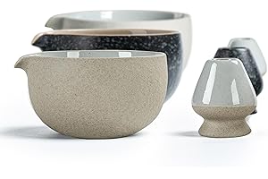 TEANAGOO 2 Pcs Matcha Bowl with Spout, Ceramic 18 OZ Matcha Bowl Set and Whisk Holder, Matcha Chawan, Grey Matcha Cup with Stand, Green Tea Mixing Bowl, Gift Set for Matcha Lover