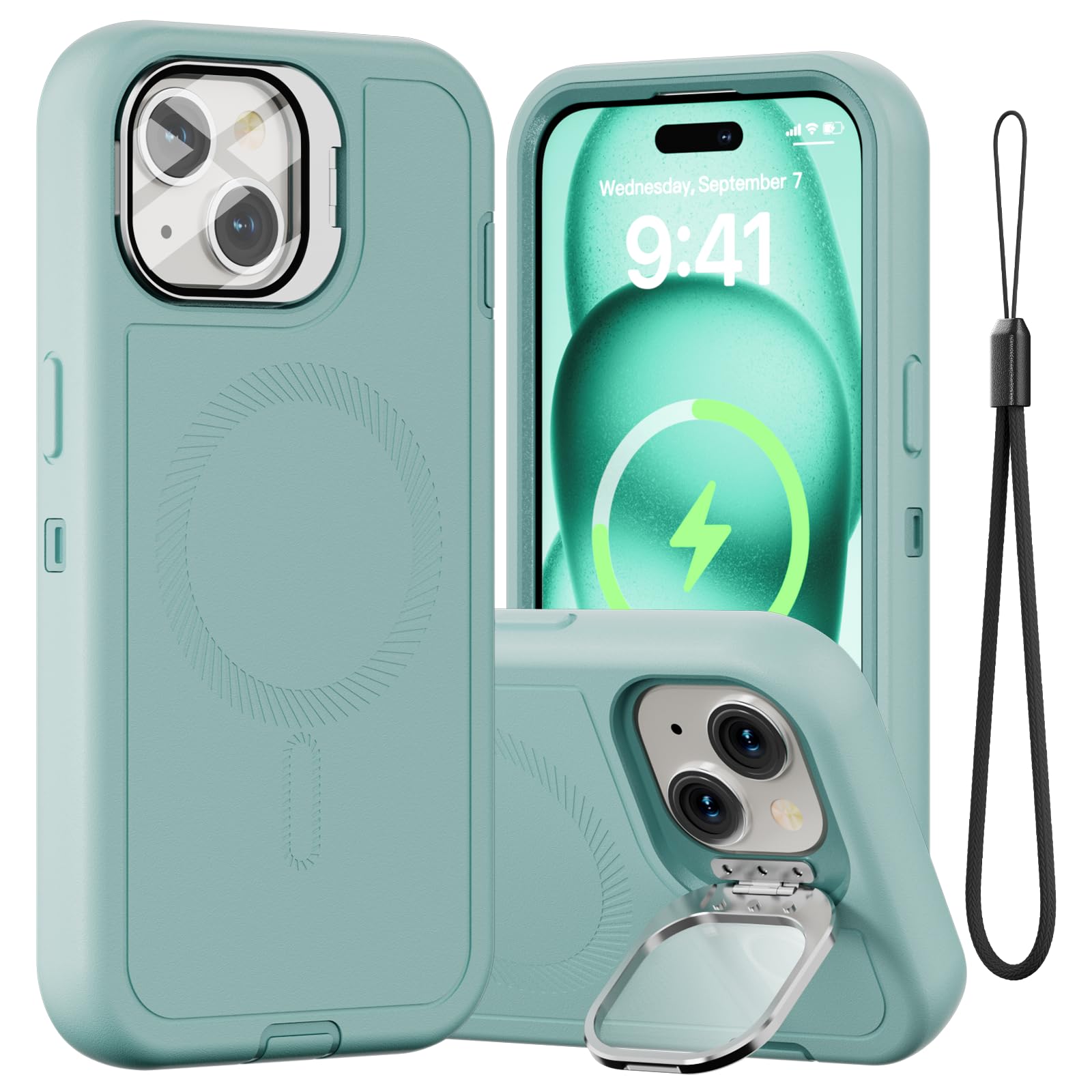Follaroma for iPhone 15 Case with Stand & Built-in Camera Cover, MagSafe Compatible, Heavy-Duty Shockproof Protection, Magnetic & Rugged Phone Cover for iPhone 15 6.1'', Mint