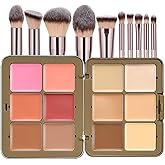 JasCherry 12 Colors Blush Palette, Colour Correcting Concealer Foundation Palette, 10 Makeup Brush Set, Highlighter Bronzer Contour Concealer Cream Matte Long Lasting Brightening Face Cosmetics