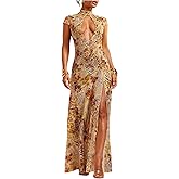 WDIRARA Women's Floral Animal Print Maxi Dress See Through Mock Neck High Split Ruffle Long Dress