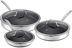 Qooks Quick-Release Stainless Steel Fry Pan Set, 22, 26 and 30 cm Saucepans with Tempered Glass Lids, Oven and Dishwasher Saf