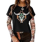 TAKEYAL Womens Western Cowgirl Shirts Cute Casual Summer Graphic Tees Tops Tshirts with Roll-Up Cuff Sleeves