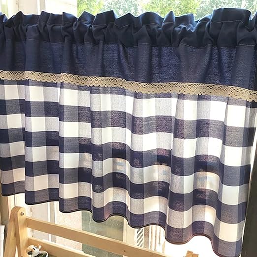 Amazon Co Jp Unusual カフェカーテン おしゃれ 田舎風 インテリア 引越し祝い 目隠し 部屋飾り 紺 チェック柄 田園風 現代 簡単 巾90 丈60cm ホーム キッチン