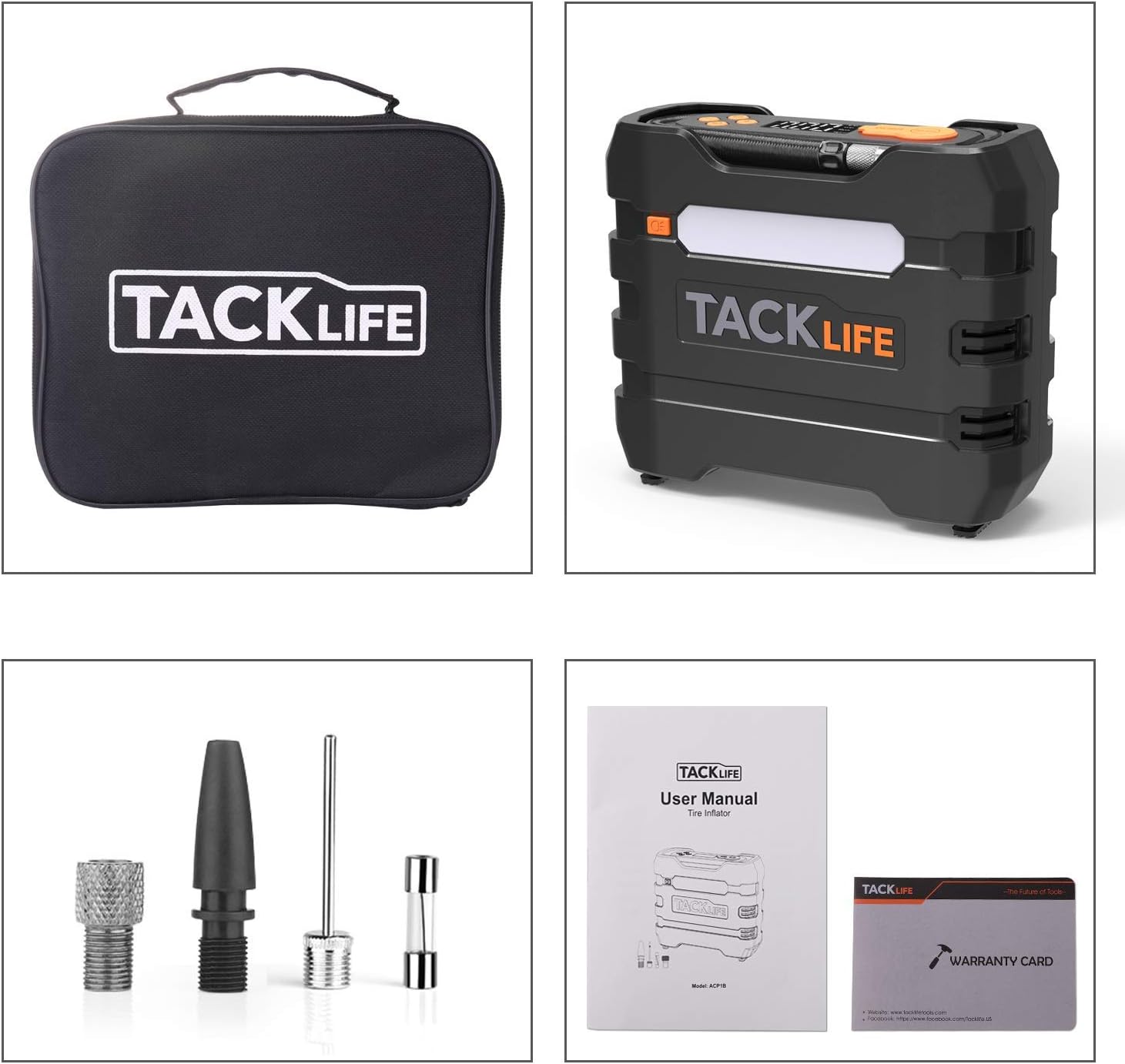TACKLIFE Portable Tire Inflator Air Compressor, 12V Mini Electric Pump with Overheating Protection, LCD Display, LED Light, 3 Nozzles and Spare Fuse: Automotive