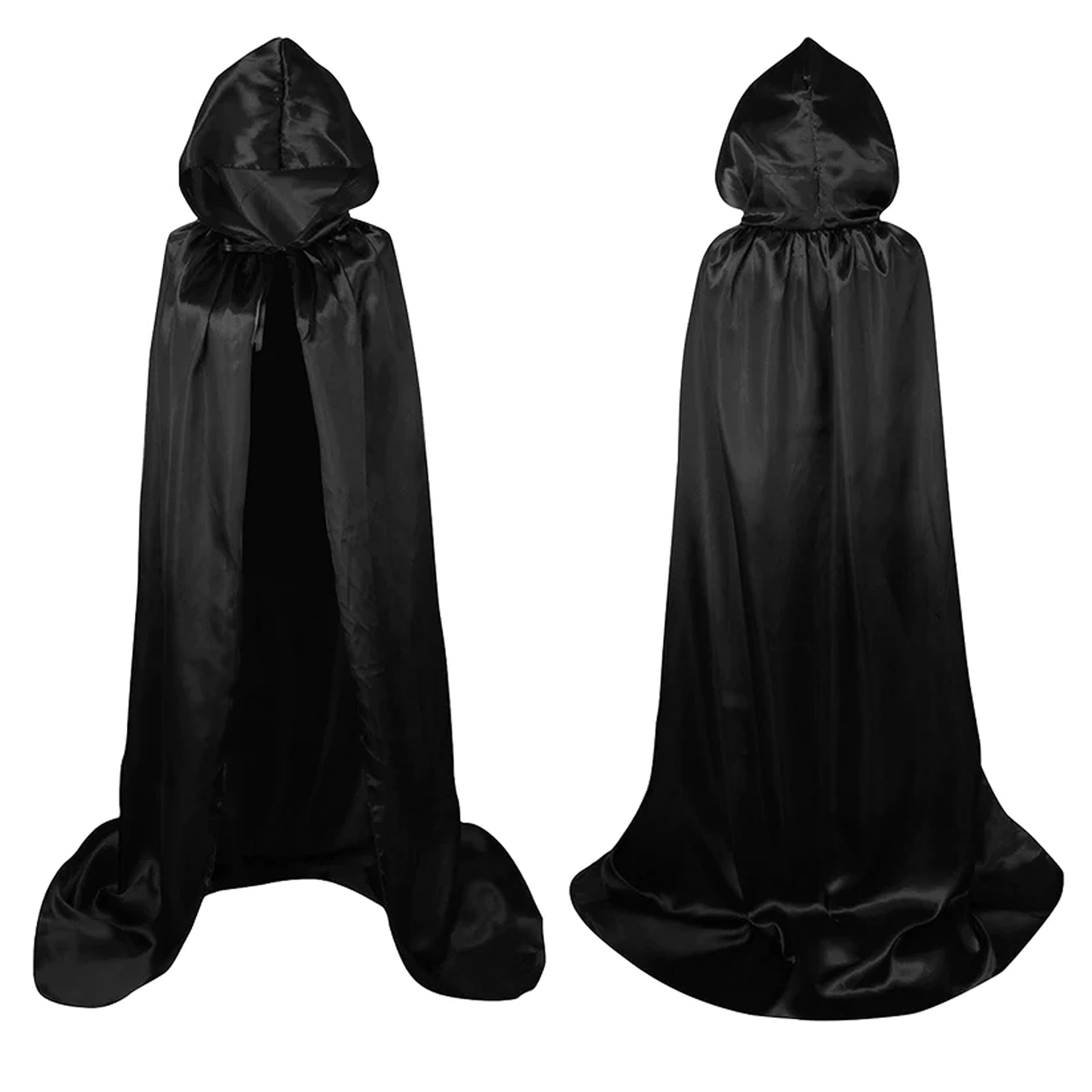 Lang Horn Satin Hooded Cape for Adults, Unisex Cloak with Hood for Halloween Christmas Fancy Dress Costume (150/60”, Black)