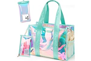 BAGSTELLAR Beach Bag for Women Clear Iridescent Zipper Pool Swim Beach Tote Bag w/Makeup Bag & Waterproof Phone Pouch Summer Essentials