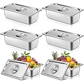 6 Pack Stainless Steam Hotel Pan with Lid, 1/3 Size 4 Inch Deep Steam Table Pans, Stackable Commercial Anti Jam Steam Tray Catering Food Storage Steel Pan for Hotel Restaurant Buffet Party Supplies